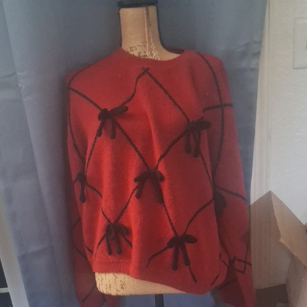 Women's Red Sweater with Black Bow Accents